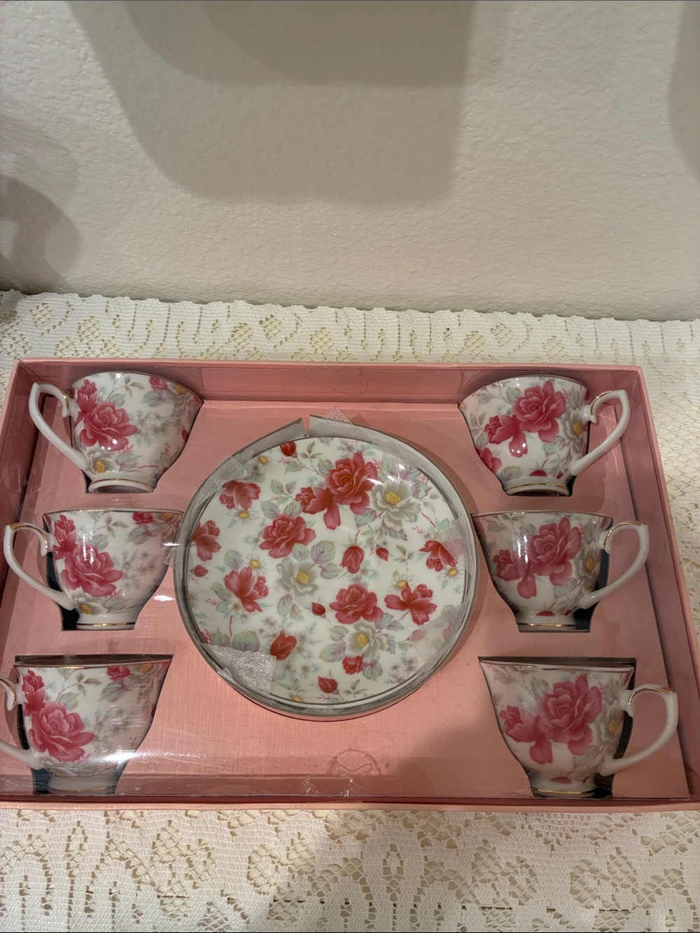 NIB Grace’s Floral Porcelain Tea Set of 6 Cup/Saucer Set - Pink Rose Pattern